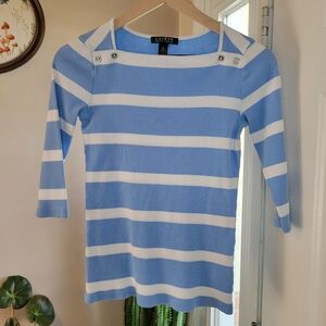 Lauren Ralph Lauren Striped Boat Neck Blutton Accent Longsleeve T-Shirt, Size S